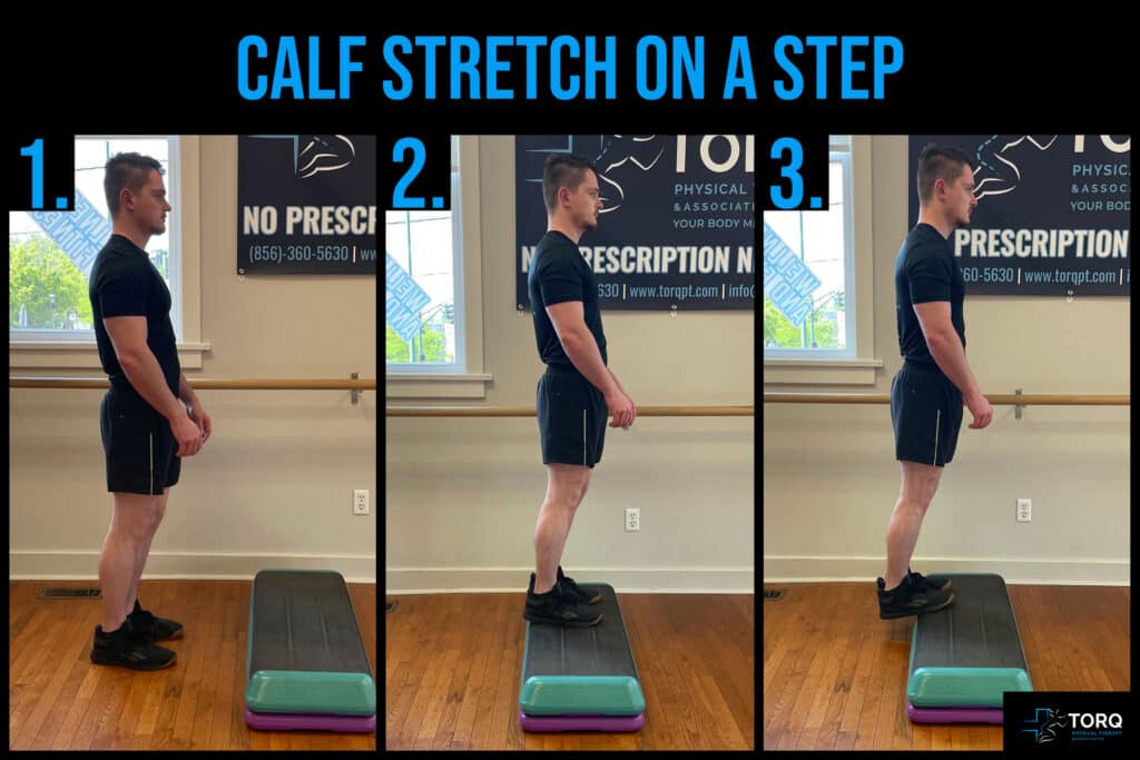 calf stretch on step back pain with fishing